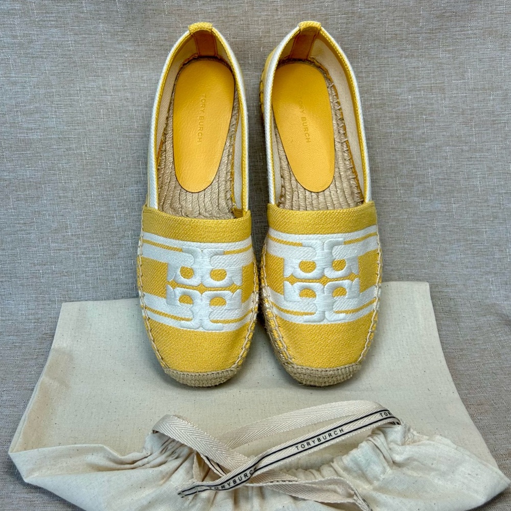 NWOT Tory Burch Double T Jacquard Espadrilles – Yellow & White, Size 8.5
